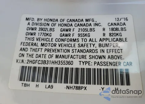 2017 Honda Civic Ex z USA, uszkodzony, nr VIN 2HGFC3B31HH355360